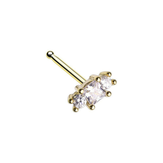 Golden 3 Cubic Gem Prong Set Gem Nose Stud Ring Nose Ring Impulse Piercings 20 GA (0.8mm) 9/32" (7mm)