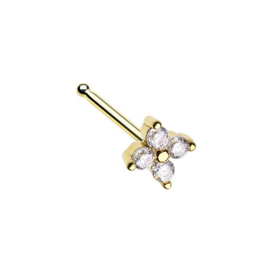 Golden 4 Petal Cubic Flower Prong Set Gem Nose Stud Ring Nose Ring Impulse Piercings 20 GA (0.8mm) 9/32" (7mm)