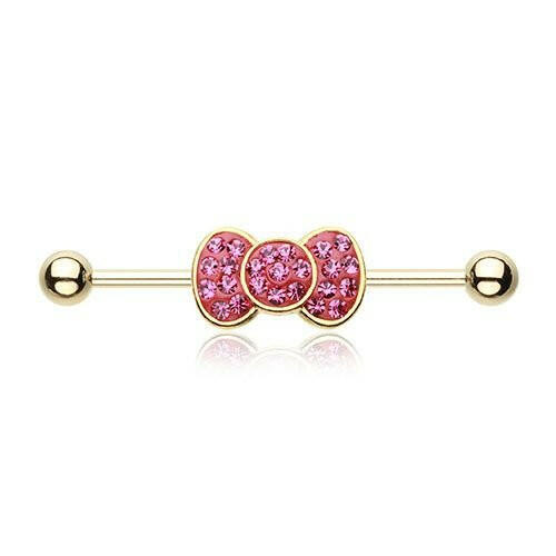 Golden Adorable Bow-Tie Sparkle Industrial Barbell Industrial Barbell Impulse Piercings Fuchsia