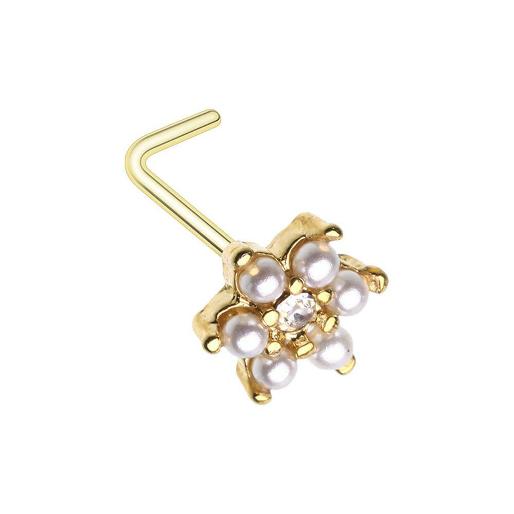 Golden Alluring Vintage Pearl Flower L-Shape Nose Ring Nose Ring Impulse Piercings