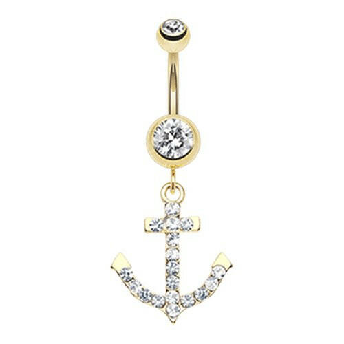 Golden Anchor Gem Sparkle Belly Button Ring Navel Ring Impulse Piercings Clear