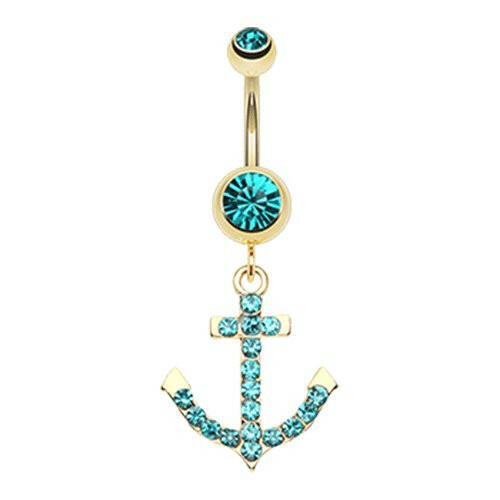 Golden Anchor Gem Sparkle Belly Button Ring Navel Ring Impulse Piercings Teal