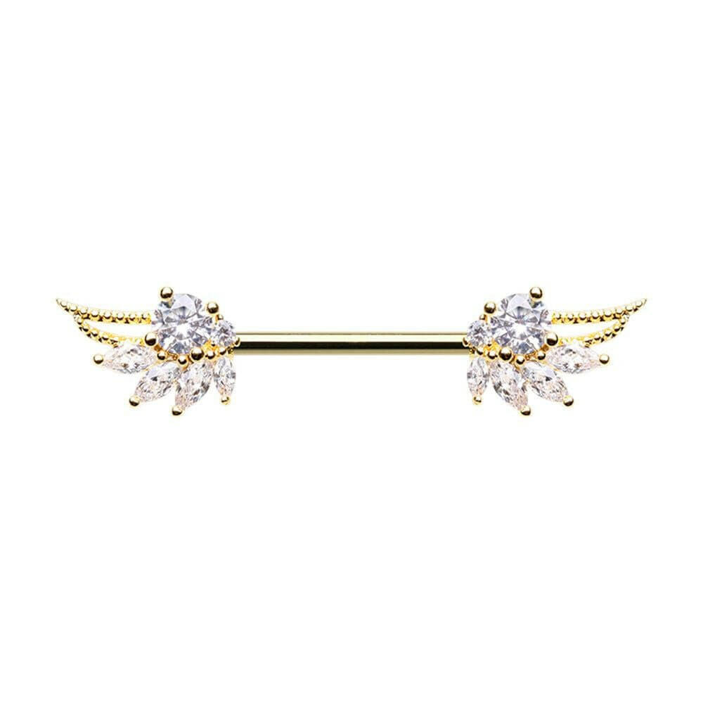 Golden Angelic Wings Gem Nipple Barbell Ring Nipple Ring Impulse Piercings