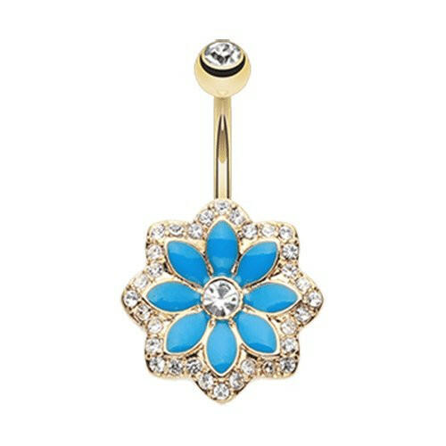 Golden Azure Lotus Flower Belly Button Ring Navel Ring Impulse Piercings