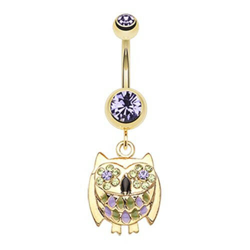 Golden Baby Owl Sparkle Belly Button Ring Navel Ring Impulse Piercings Tanzanite