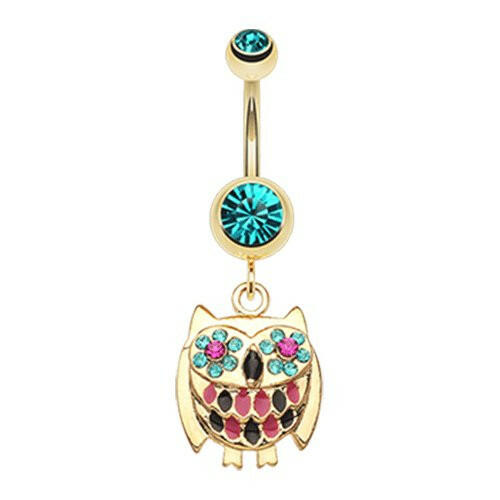 Golden Baby Owl Sparkle Belly Button Ring Navel Ring Impulse Piercings Teal