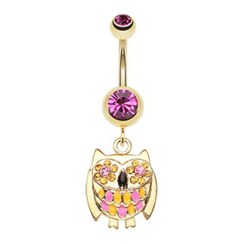 Golden Baby Owl Sparkle Belly Button Ring Navel Ring Impulse Piercings Fuchsia