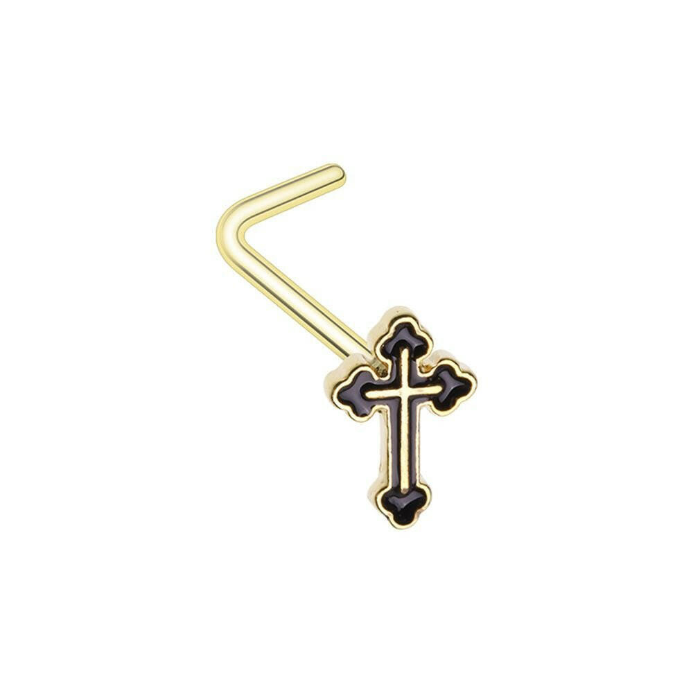 Golden Black Gothic Cross L-Shape Nose Ring Nose Ring Impulse Piercings 20 gauge (0.8mm)