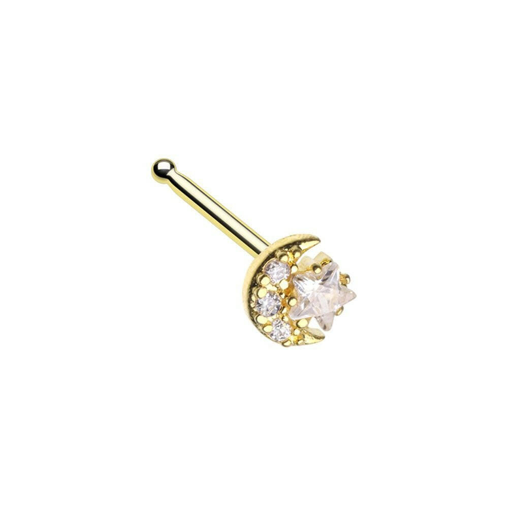 Golden Bling Moon Star Nose Stud Ring Nose Ring Impulse Piercings 20 GA (0.8mm) 9/32" (7mm)