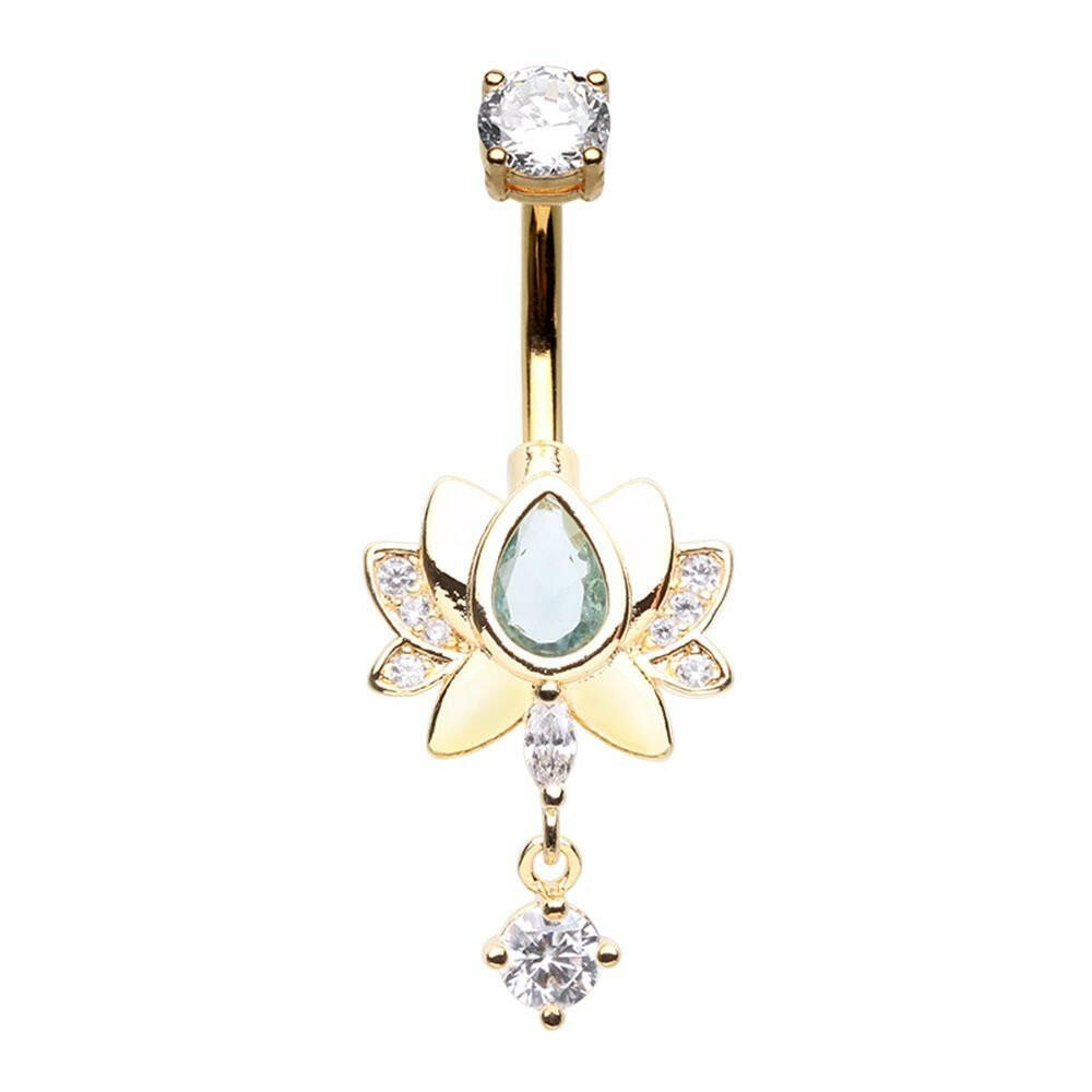 Golden Blooming Lotus Dangle Drop Cubic Zirconia Belly Button Ring Navel Ring Impulse Piercings