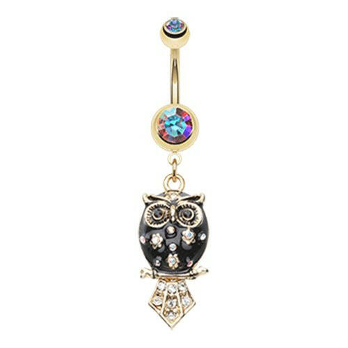 Golden Blossom Owl Belly Button Ring Navel Ring Impulse Piercings Aurora Borealis/Black