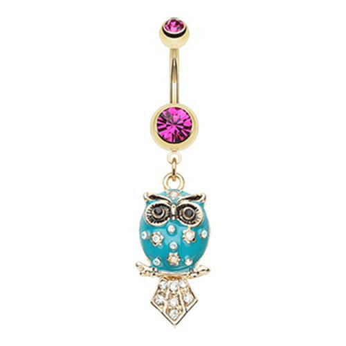 Golden Blossom Owl Belly Button Ring Navel Ring Impulse Piercings Fuchsia/Teal