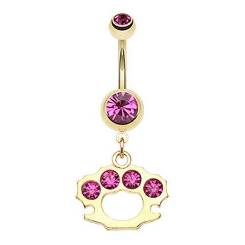 Golden Brass Knuckle Sparkle Belly Button Ring Navel Ring Impulse Piercings Fuchsia