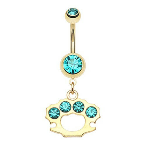 Golden Brass Knuckle Sparkle Belly Button Ring Navel Ring Impulse Piercings Teal