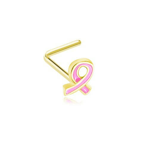 Golden Breast Cancer Awareness Pink Ribbon L-Shape Nose Ring Nose Ring Impulse Piercings