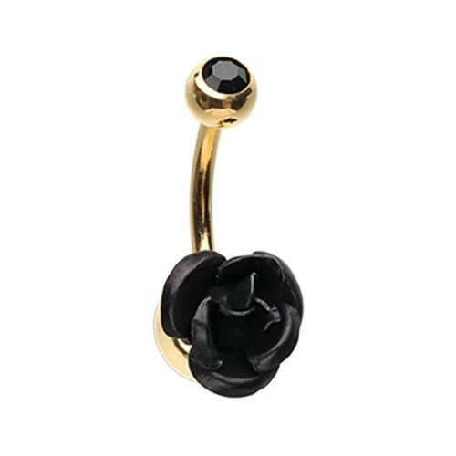 Golden Bright Metal Rose Blossom Belly Button Ring Navel Ring Impulse Piercings Black