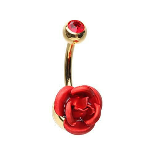 Golden Bright Metal Rose Blossom Belly Button Ring Navel Ring Impulse Piercings Red