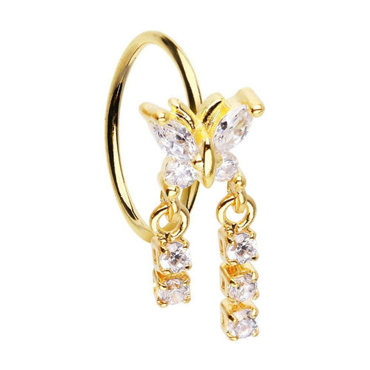 Golden Butterfly CZ Double Dangle Bendable Nose Hoop Nose Hoop Impulse Piercings 20 GA Length (8mm)