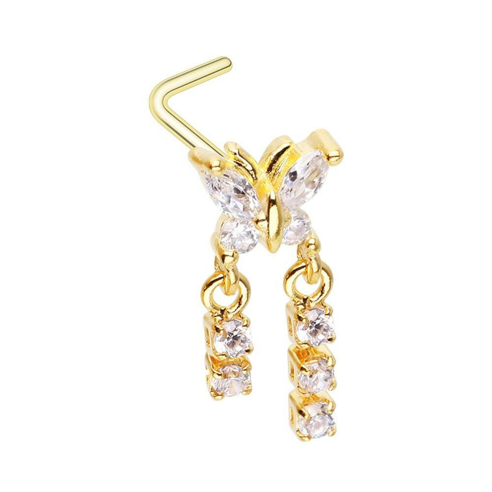 Golden Butterfly CZ Double Dangle Gem L-Shape Nose Ring Nose Ring Impulse Piercings 20 GA Length (7mm)