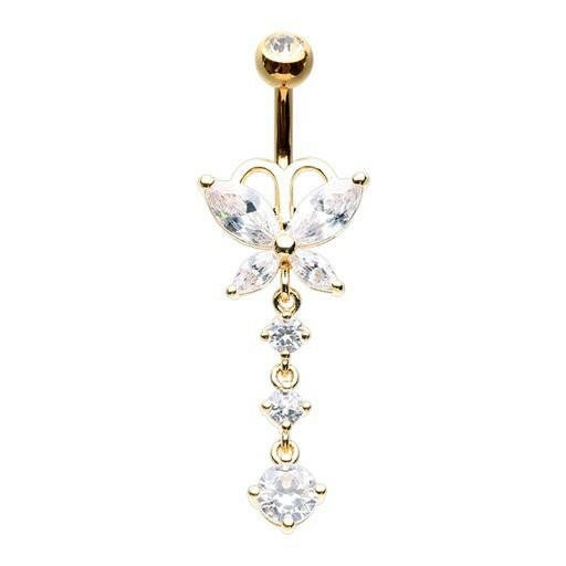 Golden Butterfly Dangle Drop Cubic Zirconia Belly Button Ring Navel Ring Impulse Piercings