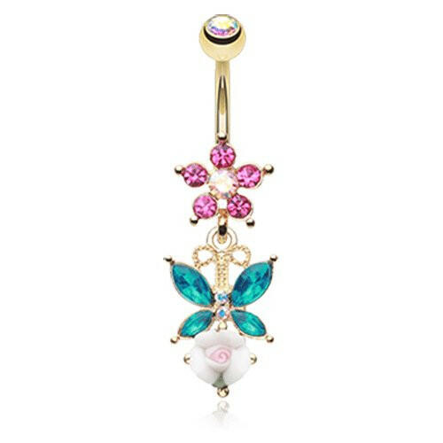 Golden Butterfly Flower Garden Belly Button Ring Navel Ring Impulse Piercings