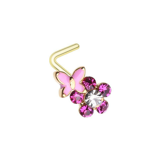 Golden Butterfly on Flower L-Shaped Nose Ring Nose Ring Impulse Piercings