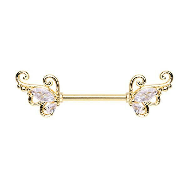 Golden Butterfly Wings CZ Nipple Barbell Ring Nipple Ring Impulse Piercings 14 GA Length (16mm)