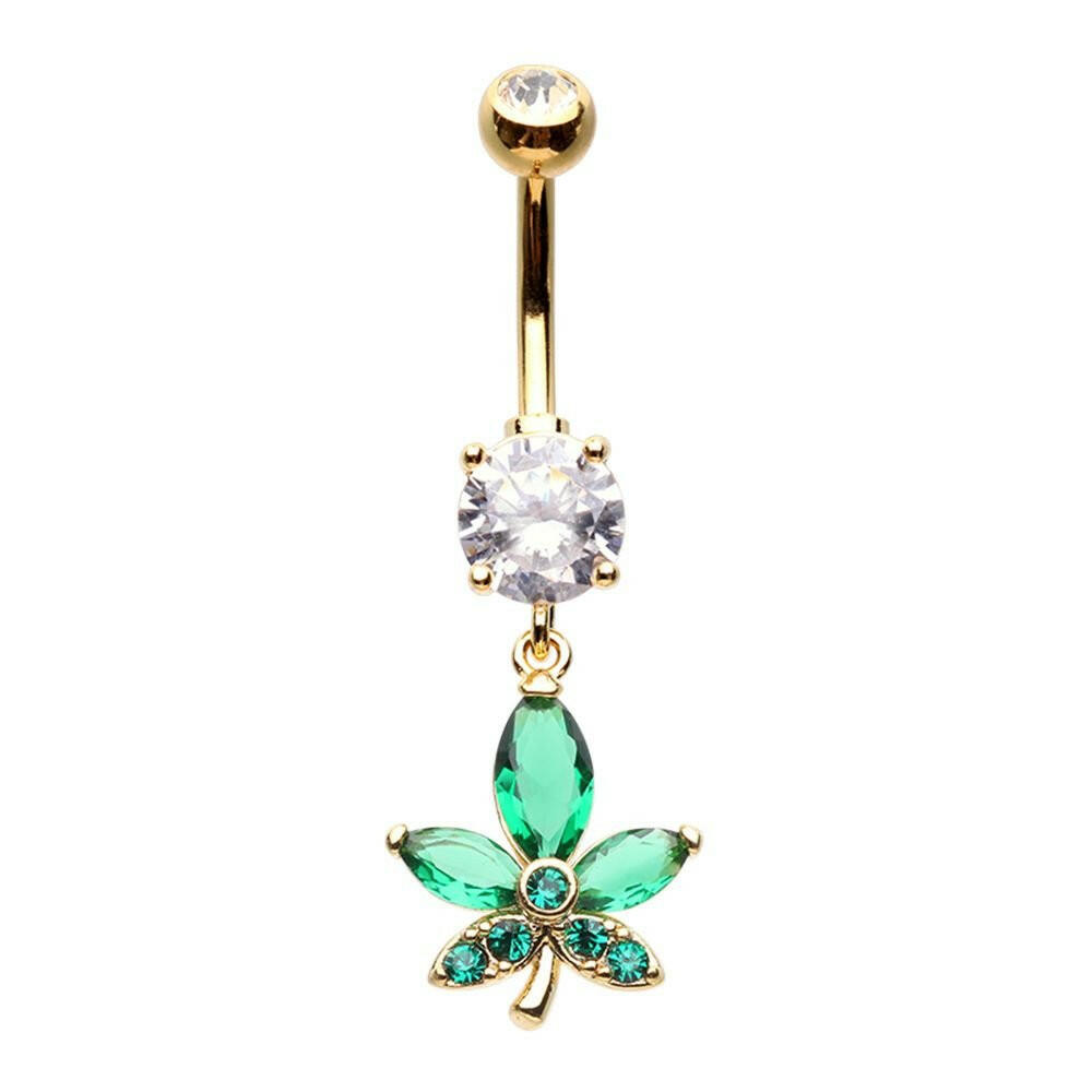 Golden Cannabis Mary Jane Dangle Drop Cubic Zirconia Belly Button Ring Navel Ring Impulse Piercings