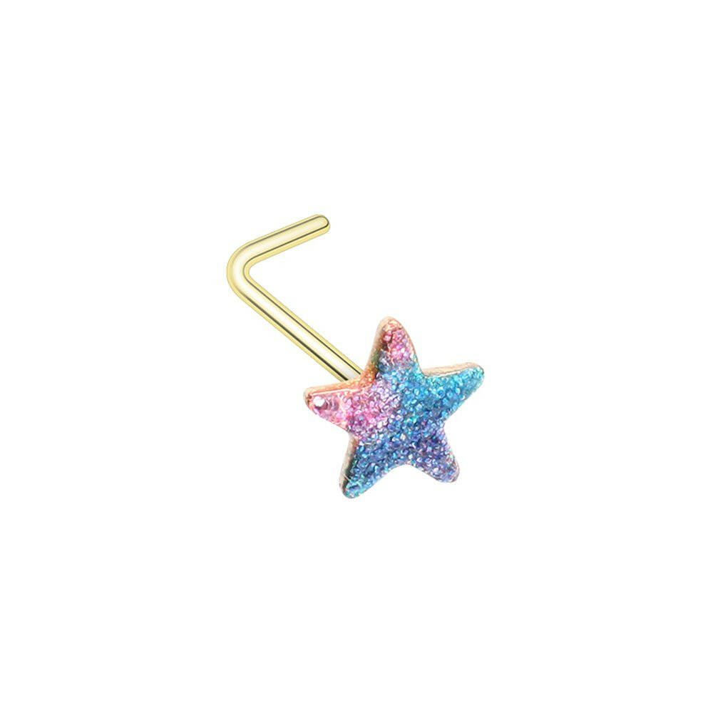 Golden Celestial Cosmic Glitter Pastel Star L-Shaped Nose Ring Impulse Piercings 20 GA / 7mm