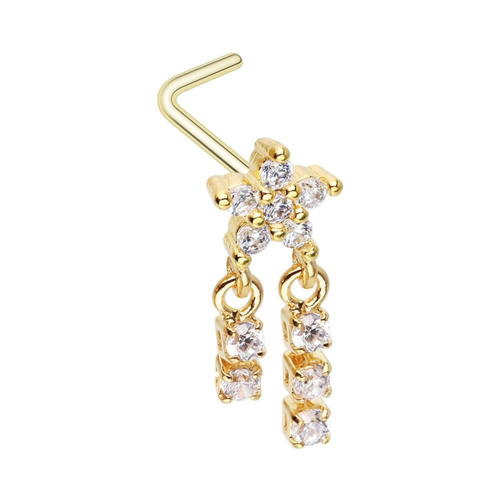 Golden Celestial CZ Star Double Dangle Gem L-Shape Nose Ring Nose Ring Impulse Piercings