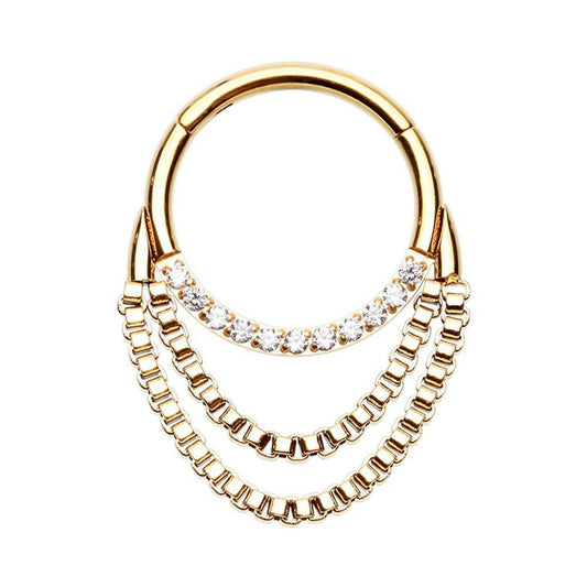 Golden Chained Front Facing Multi Gem Steel Seamless Hinged Clicker Ring Septum Ring Impulse Piercings