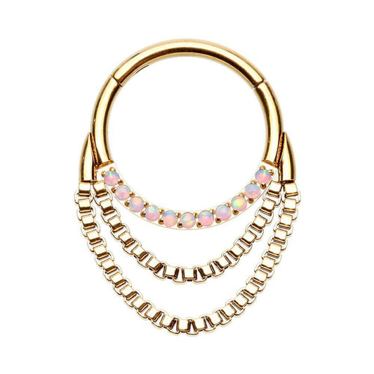 Golden Chained Front Facing Multi Opal Steel Seamless Hinged Clicker Ring Septum Ring Impulse Piercings