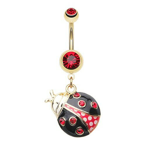 Golden Charming Ladybug Belly Button Ring Navel Ring Impulse Piercings 14 gauge (1.6mm) Red/Black