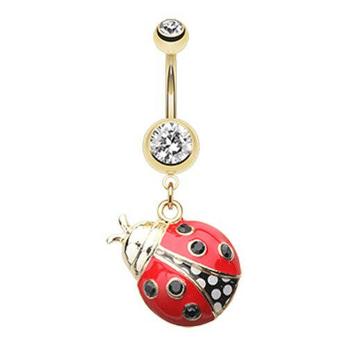 Golden Charming Ladybug Belly Button Ring Navel Ring Impulse Piercings 14 gauge (1.6mm) Clear/Red