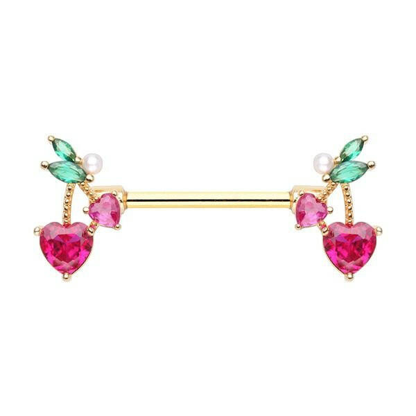 Golden Cherry Heart Drop Nipple Barbell Ring Nipple Ring Impulse Piercings 14 GA Length (16mm)