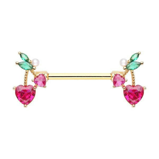 Golden Cherry Heart Drop Nipple Barbell Ring Nipple Ring Impulse Piercings 14 GA Length (16mm)