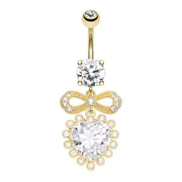 Golden Chunky Heart Bow CZ Dangle Cubic Zirconia Belly Button Ring Belly Button Ring Impulse Piercings