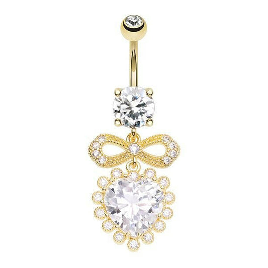 Golden Chunky Heart Bow CZ Dangle Cubic Zirconia Belly Button Ring Belly Button Ring Impulse Piercings