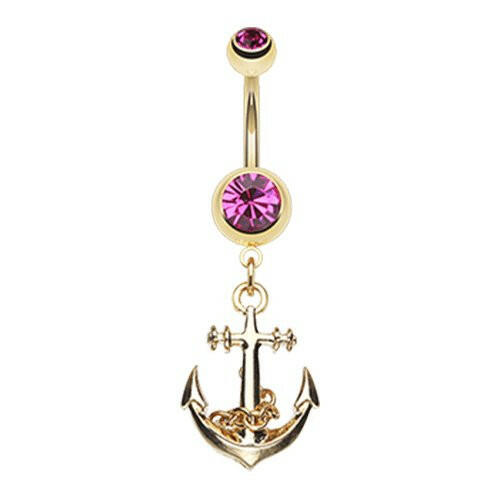 Golden Classic Anchor Belly Button Ring Navel Ring Impulse Piercings Fuchsia