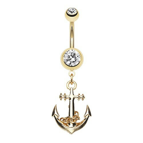 Golden Classic Anchor Belly Button Ring Navel Ring Impulse Piercings Clear