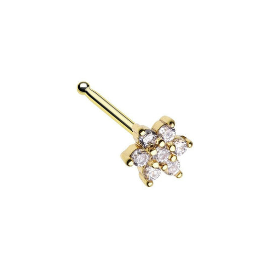 Golden Classic Cubic Flower Prong Set Gem Nose Stud Ring Nose Ring Impulse Piercings 20 GA (0.8mm) 9/32" (7mm)