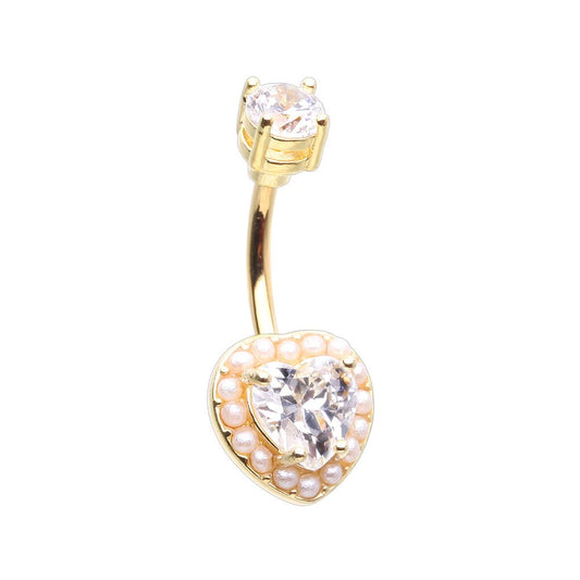 Golden Coquette Pearl Heart Cubic Zirconia Belly Button Ring Belly Button Ring Impulse Piercings
