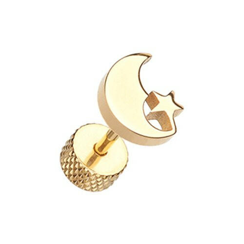 Golden Crescent Moon & Star Steel Fake Plug Fake Plug Impulse Piercings 16 gauge (1.2mm)