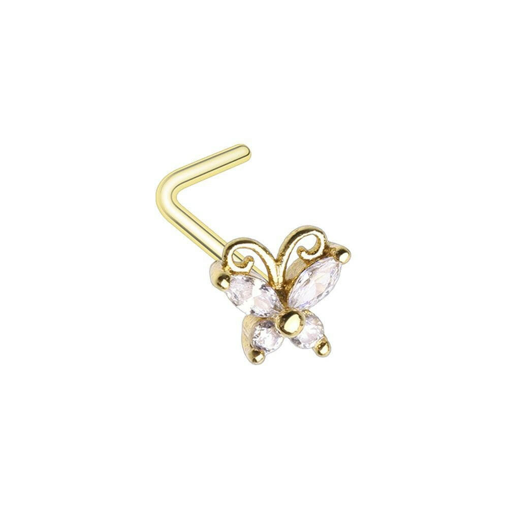 Golden Cubic Butterfly Prong Set Gem L-Shape Nose Ring Nose Ring Impulse Piercings