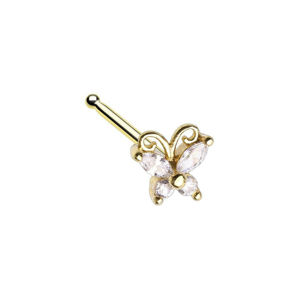 Golden Cubic Butterfly Prong Set Gem Nose Stud Ring Nose Ring Impulse Piercings 20 GA (0.8mm) 9/32" (7mm)