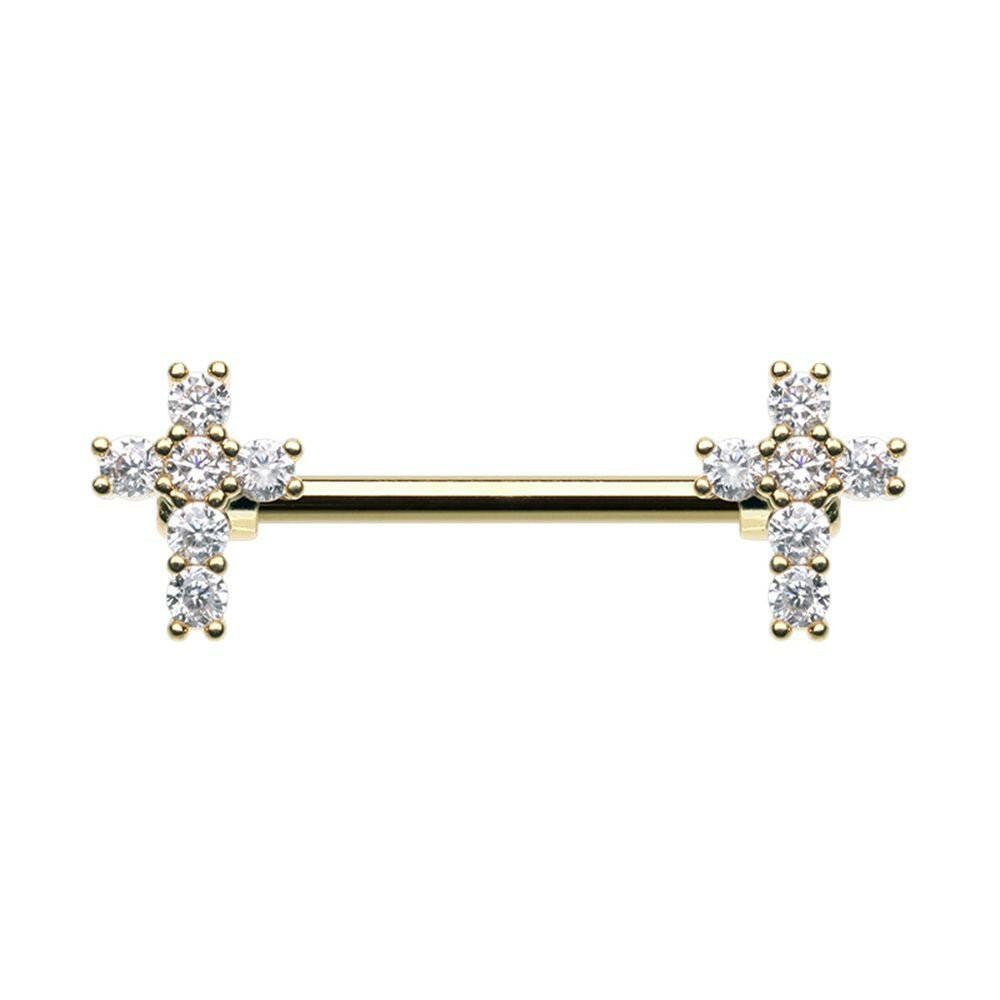 Golden Cubic Cross Gem Nipple Barbell Ring Nipple Ring Impulse Piercings