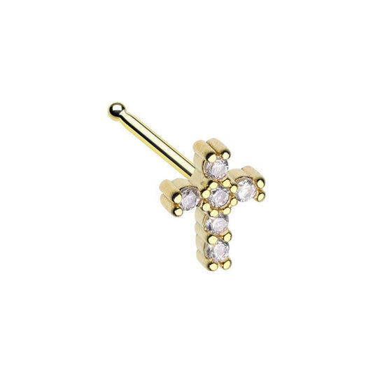 Golden Cubic Cross Prong Set Gem Nose Stud Ring Nose Ring Impulse Piercings 20 GA (0.8mm) 9/32" (7mm)