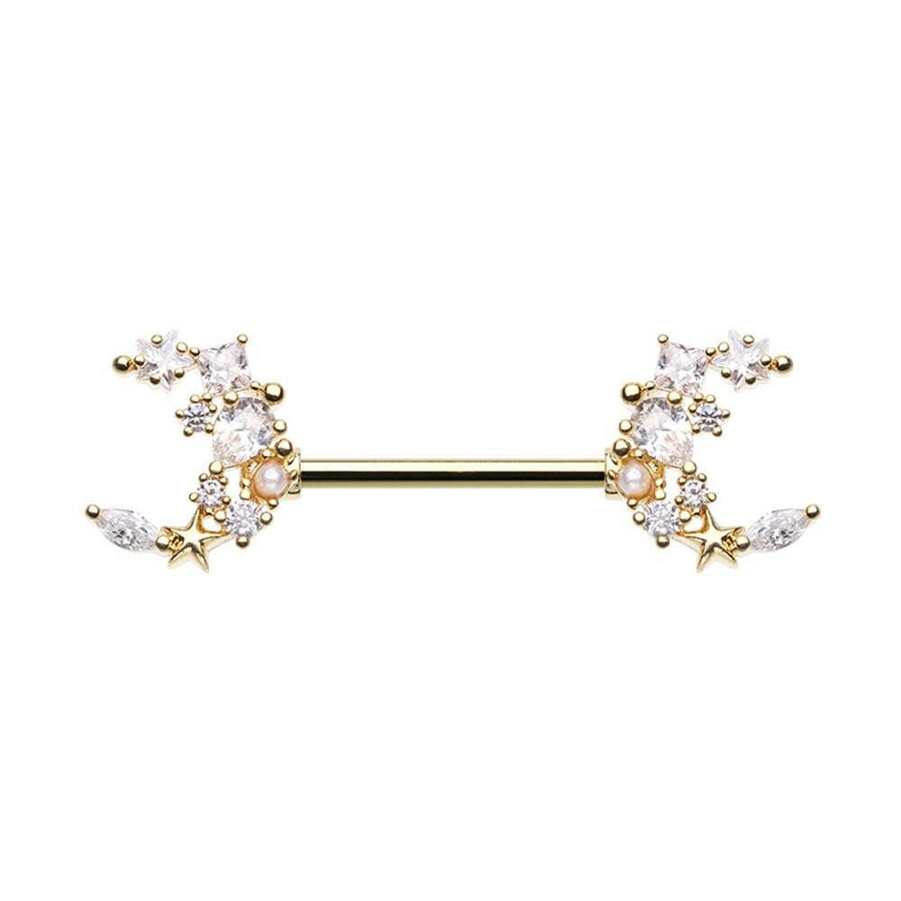 Golden Cubic Dainty Moon Multi Gem Nipple Barbell Ring Nipple Ring Impulse Piercings