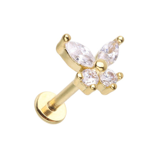 Golden CZ Butterfly Gem Top Steel Externally Threaded Labret Labret Impulse Piercings