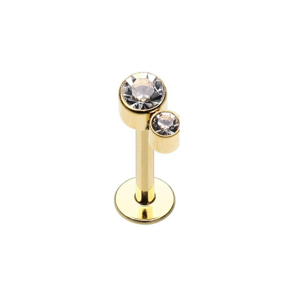 Golden CZ Double Gem Top Steel Internally Threaded Labret Labret Impulse Piercings